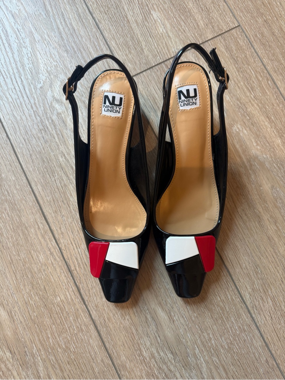 Ninety Black Patent Slingback Pumps with Red & White Toe Accents